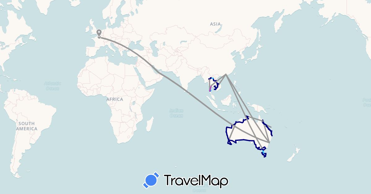 TravelMap itinerary: driving, plane, train, boat in United Arab Emirates, Australia, China, France, Cambodia, Laos, Thailand (Asia, Europe, Oceania)